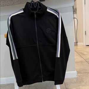 Saks Fifth Avenue Black Zip-Up Sweater with Purple and White Accents